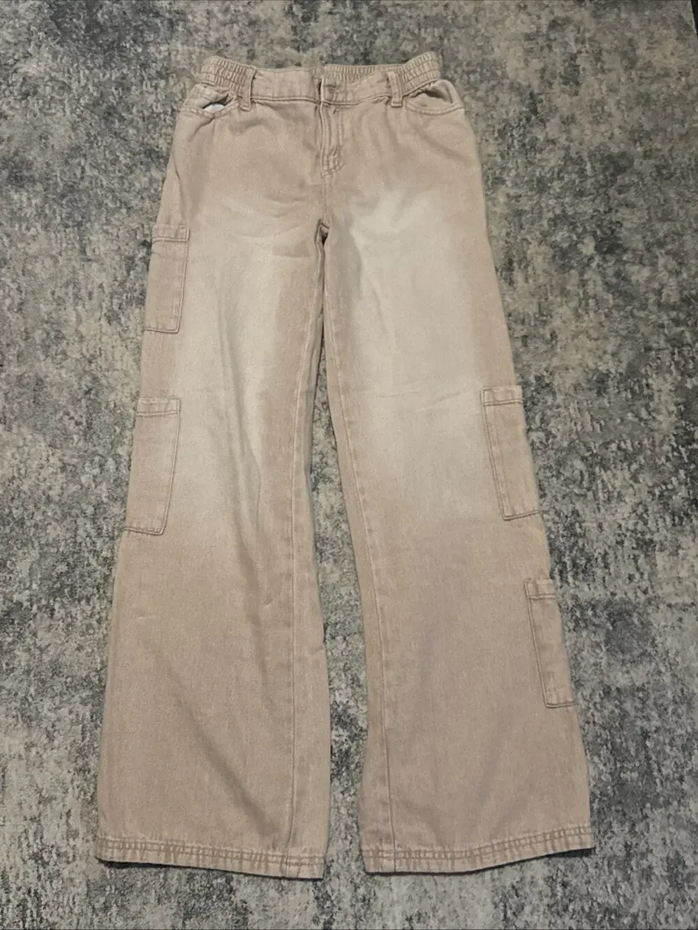 Justice Girls Beige Wide-Leg Cotton Denim Cargo Jeans w/ Pockets; Size 16